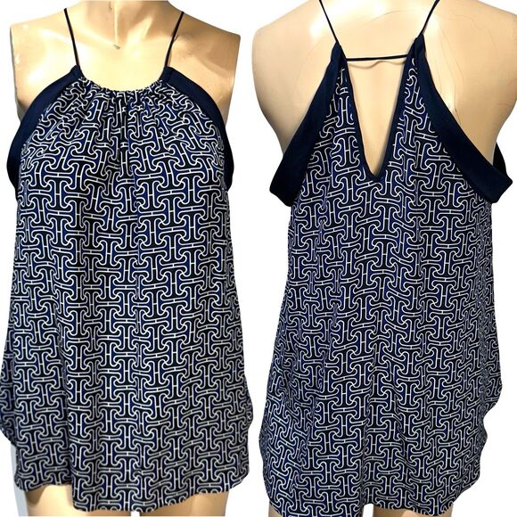 Trina Turk 100% Silk Tank Top Size M Medium Strappy Navy White Printed High Neck - Picture 1 of 10